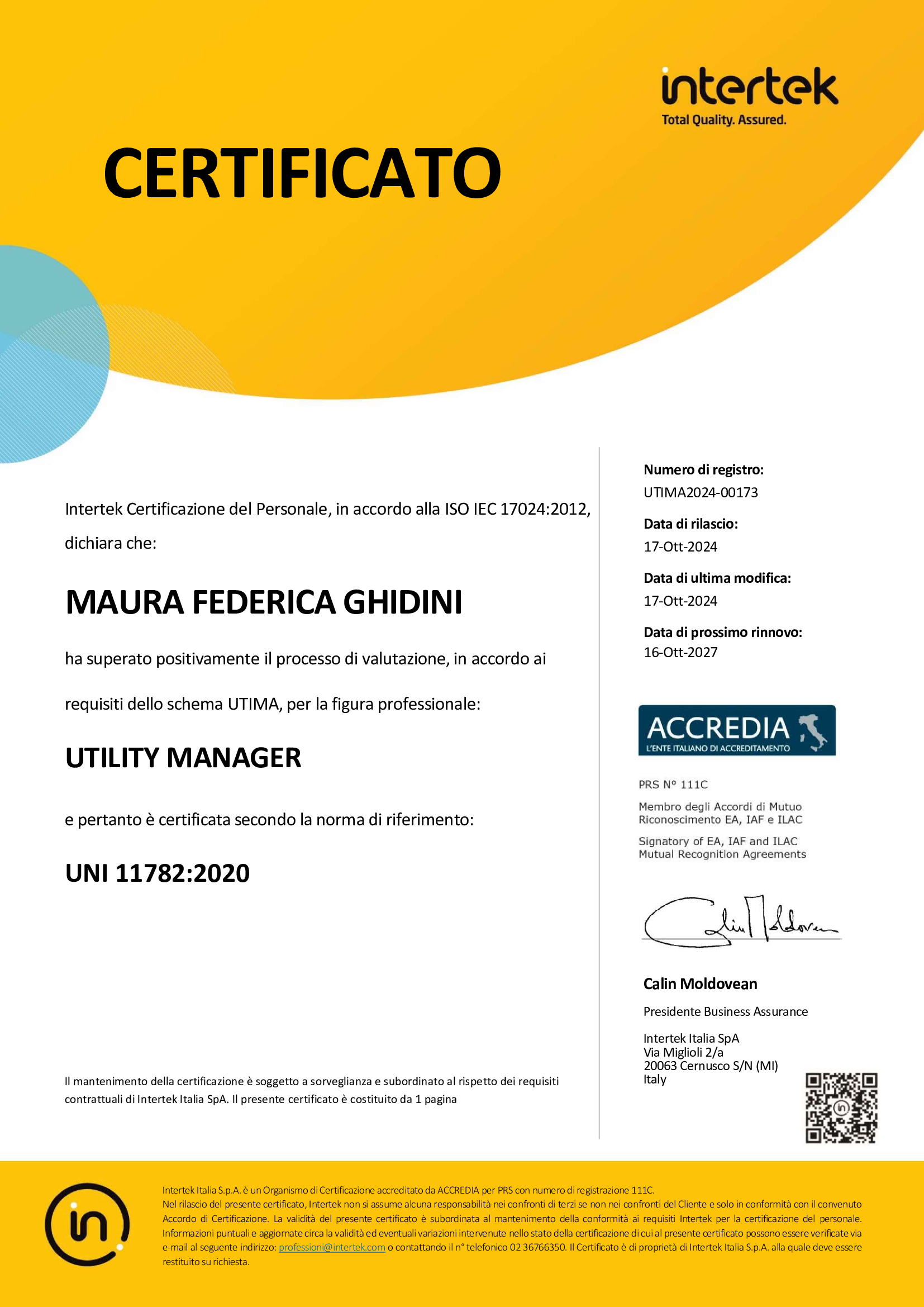 Certificato Utility Manager